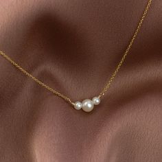 Pearl trio necklace, dainty bridesmaid necklace pearl - Trinity – Honey Willow - handmade jewellery 3 Pearl Necklace, Elegant Personalized Pearl Necklace As A Gift, Bridesmaid Note, Three Pearl Necklace, Emma Claire, Gold And Pearl Necklace, Bridesmaid Pearl Necklace, Gold Bridesmaid Necklace, Gold Bridesmaid Jewelry