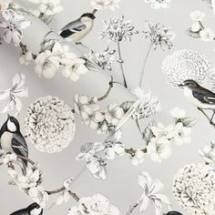 a wallpaper with birds and flowers in white, black and grey colors on a light gray background