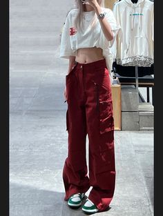 Tavimart Women Bottoms Red Vintage Baggy Cargo Pants Fashion Pocket High Waist Straight Pants High Street Wide Leg Trouser Ladies Summer Red Cargo Pants Outfit Street Styles, Izzycore Outfits, Dark Red Cargo Pants, Red Cargo Outfit, Small Top Baggy Pants, Maroon Cargo Pants Outfit, Casual Burgundy Wide-leg Pants, Baggy Red Wide-leg Pants, Red Baggy Wide-leg Pants