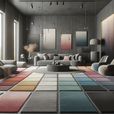 a living room filled with lots of furniture and colorful rugs on top of the floor