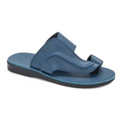 Peter Blue, handmade leather slide sandals with toe loop - Front View Fisherman Silhouette, Sandal Slides, Mens Slide Sandals, Ankle Strap Sandals Flat, Toe Loop Sandals, Closed Toe Sandals, Ankle Strap Flats, Leather Slide Sandals, Flexible Design