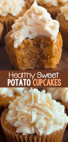 healthy sweet potato cupcakes with cream cheese frosting on top and in the middle