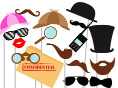 a group of different types of mustaches and hats with sunglasses on top of them