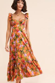 Mango Macaws Maxi Dress | Nuuly Rent Multicolor Summer Midi Dress For Garden Party, Multicolor Midi Dress For Summer Garden Party, Vibrant Spring Dresses With Ruffles, Orange Dress For Summer Parties And Beach Season, Yellow Dresses For Spring Summer Outings, Vibrant Summer Maxi Dress With Vibrant Print, Summer Beach Dress With Fruit Print, Summer Fruit Print Dress For Day Out, Vibrant Print Sundress For Summer Parties