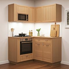 a kitchen with wooden cabinets and an oven