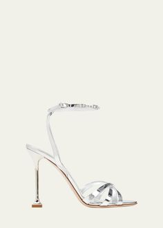 Miu Miu Metallic Caged Ankle-Strap Sandals - Bergdorf Goodman Luxury Strappy Sandals For Evening, Silver Strappy Sandals With 4-inch Heel, Luxury Strappy Sandals With 4-inch Heel, Luxury Strappy Sandals With Buckle Closure, Luxury Open Toe Heels With Strap, Luxury Open Toe Sandals With Strap, Luxury Buckle Closure Sandals For Gala, Luxury Open Heel Heels With Strap, Modern Open Heel Sandals For Gala