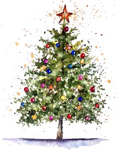 a watercolor painting of a christmas tree with ornaments on it's top and star