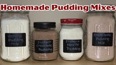 three jars filled with different types of puddings on top of a wooden table next to each other