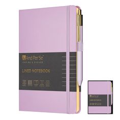 a purple notebook with a pen on top and a note book next to the page