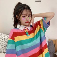 Cute Striped Rainbow Polo Shirt – Tomscloth Pleated School Skirt, 90s Fashion Men, Harajuku Outfits, Vintage Clothing Stores, Pics For Dp, Y2k Aesthetic Outfits, Cute Hoodie, Versatile Outfits, Striped Polo Shirt