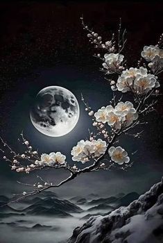 the moon is in the sky with white flowers growing out of it's branches