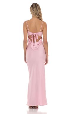 Satin Open Back Maxi Dress in Pink Pink Satin Bridesmaid Dresses Long, Pale Prom Dress, Sorority Formal Dresses Long, Simple Prom Dress Aesthetic, Long Pink Birthday Dress, Ankle Length Formal Dress, Ball Dresses Pink, Prom Dress Light Pink, Summer Semi Formal Dresses