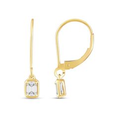 Simple and elegant, these lab-created diamond solitaire drop earrings fit any occasion with ease. 10K gold Each drop features an emerald-cut certified lab-created diamond solitaire in a bezel setting F color/SI2 clarity Includes certification card 1/2 ct. t.w. of lab-created diamonds Lever backs 14k Gold Baguette-cut Diamond Earrings For Formal Occasions, Anniversary Diamond Earrings With Lever Back, Anniversary Diamond Earrings With Lever Back Ear Wires, Formal 14k Gold Baguette-cut Diamond Earrings, Classic Gold Baguette Cut Diamond Earrings, Classic Single Diamond Dangle Earrings, Formal Fine Jewelry Diamond Earrings With Lever Back, Fine Yellow Gold Diamond Earrings With Lever Back, Classic Bezel-set Diamond Dangle Earrings