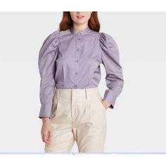 Prologue Women's Puff Long Sleeve Button-Down Blouse - Purple- Size Xs Oo404afa Cotton Puff Sleeve Shirt For Work, Trendy Puff Sleeve Shirt For Work, Trendy Puff Sleeve Workwear Shirt, Puff Sleeve Shirt With Button Closure For Work, Workwear Puff Sleeve Top With Buttons, Fall Puff Sleeve Tops With Buttons, Puff Sleeve Padded Blouse For Work, Fall Puff Sleeve Button-up Top, Workwear Puff Sleeve Padded Blouse