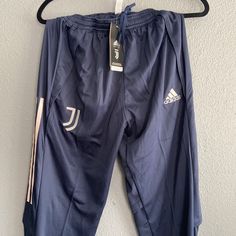 Adidas Juventus Soccer Sweats Joggers Pants Adidas Sports Bottoms With Side Pockets, Adidas Sports Trousers, Adidas Sports Pants With Pockets, Adidas Blue Joggers For Sports, Adidas Sporty Blue Bottoms, Adidas Sporty Straight Leg Pants, Adidas Athleisure Bottoms With Pockets, Sporty Navy Adidas Bottoms, Blue Sports Pants With Tapered Leg