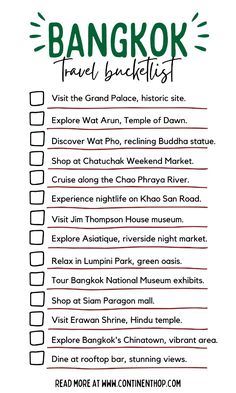 the bangkok travel checklist is shown in black and white with green lettering on it