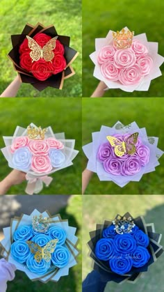 several different types of paper flowers with butterflies on them