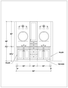 a drawing of a double washer and dryer with measurements for each sink area