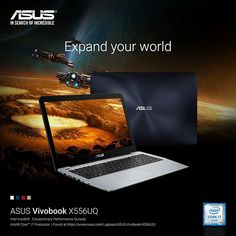 an advertisement for the asus vvobook x580u laptop computer, with space and earth in the background