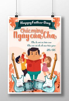 a poster for father's day with an image of a man and two children playing guitar