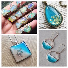 four pictures with different designs on them including pendants, earrings and necklaces that are handmade