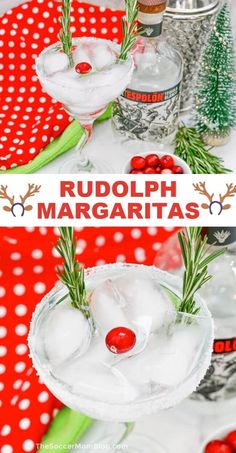 two margaritas with rosemary garnish on top and the words rudolph margarita in front