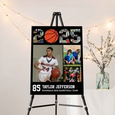 an easel with a basketball poster on it