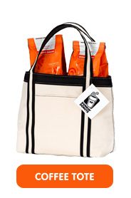 an orange and white bag with coffee tote on the front is featured in this ad