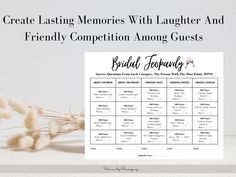 a table that has some flowers on it and the words create lasting memories with laughter and friendly competition among guests