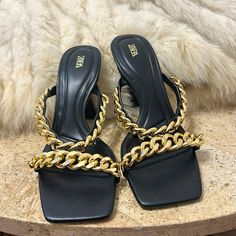 Zara Sandals New Without Tag Never Worn Amazing And Chic Spring Open Toe Sandals With Chain Detail, Open Toe Sandals With Chain Strap, Gold Synthetic Sandals With Chain Strap, Trendy Open Toe Sandals With Chain Strap, Spring Sandals With Chain Detail And Round Toe, Spring Chain Sandals With Round Toe, Summer Party Sandals With Chain Strap, Summer Sandals With Ankle Strap And Chain, Summer Chain Sandals With Ankle Strap