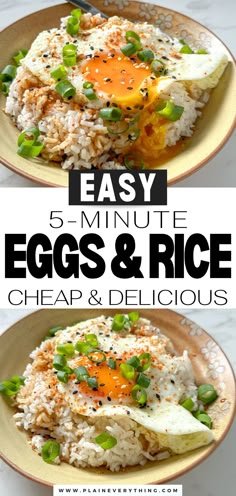 Eggs & Rice Cheap Easy Meal Rice With Egg On Top, Sticky Rice Lunch Ideas, Rice And Egg Breakfast, Lunch Ideas With Rice Simple, Egg And Rice Recipes Breakfast, Morning Rice Breakfast Recipes, Sticky Rice Meals, Rice For Breakfast Recipes, Leftover Rice Breakfast Recipes