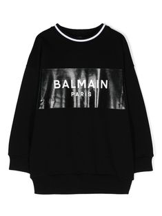 black cotton jersey texture logo print to the front ribbed trim stripe detailing at the neckline crew neck drop shoulder long sleeves straight hem Balmain Sweater, Balmain Collection, Balmain Blazer, Gucci Baby, Texture Logo, Versace Designer, Kenzo Kids, Italian Fashion Designers, Kids Logo