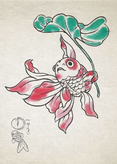 a drawing of a fish with red and green colors on it's back side