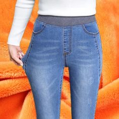 • High Waist Design :The high waist design of these jeans accentuates the waistline, creating a flattering silhouette for plus size women. • Stretch Slim-Fit :Made with stretchy material, these jeans offer a slimming fit, enhancing your natural curves while providing comfort throughout the day. • Versatile Seasonal Wear :Perfect for spring and autumn, these jeans can be your go-to wardrobe staple, offering a balance of style and comfort. • Plus Size Availability :Catering to plus size women, the Korean Jeans, Elastic Waist Jeans, Denim Decor, Velvet Jeans, Long Jeans, Jeans For Women, Waist Circumference, Cool Fabric, Long Pants