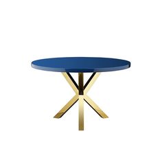 a blue table with gold legs and a round top, on a white background is shown