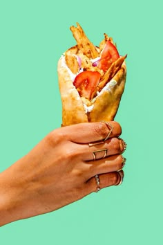 a woman's hand holding a sandwich with meat, cheese and tomato on it