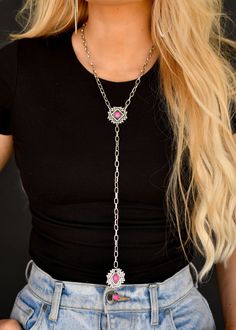 Faye Lariat Necklace 20" W/ 8" Tail Silver Chain Lariat Necklace with Pink Aztec Concho Accents Lariat Necklaces With Adjustable Length For Festivals, Adjustable Lariat Necklaces For Festivals, Adjustable Length Lariat Necklaces For Festivals, Nickel Free Silver Lariat Necklace, Nickel-free Silver Lariat Necklace, Festival Chain Necklace With Adjustable Chain, Nickel Free Metal Lariat Necklace, Silver Chain Metal Lariat Necklace, Adjustable Lariat Long Necklace With Chain