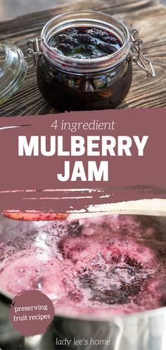 a pot filled with jam sitting on top of a wooden table