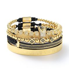 The Royal Gold Set is the top seller in a wide selection of our men's beaded bracelets. Handcrafted with durable high-quality gemstones featuring 18k gold plated stainless steel, This gold bracelet is the perfect gift for a loved one! Material: 316L Stainless steel & Brass4 Pieces combo (+FREE Roman Bangle)Width: 6mmSize: One size fits all.Plating: 18k Gold Plated. A Free Roman Bangle will be added to your package upon delivery Gold Stackable Stainless Steel Bracelets, Gold Stainless Steel Stackable Bracelets, Luxury Stackable Tennis Bracelet As Gift, Gold Braided Bracelets With Jubilee Design And Round Beads, Luxury Gold Plated Beaded Bracelets As Gift, Luxury Gold-plated Beaded Bracelets As Gift, Classic Gold Braided Adjustable Bracelet, Classic Gold Adjustable Braided Bracelets, Gold Tarnish Resistant Beaded Bracelets As Gift