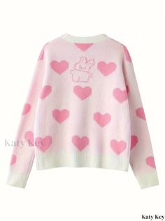 Katykey - Womens Casual Crew Neck Long Sleeve Pullover Sweater featuring an Adorable Rabbit & Heart Pattern - Fashionable and Chic Cute Heart Graphic Sweater For Fall, Cute Heart Print Winter Sweater, Cute Winter Sweater With Heart Print, Cute Heart Graphic Sweater For Winter, Cute Heart Print Sweater For Fall, Cute Winter Sweater With Heart Graphic, Cute Heart Print Tops For Winter, Casual Pink Heart-shaped Sweater, Pink Heart Print Sweater For Valentine's Day