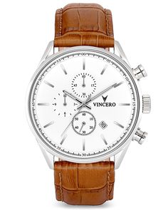 Men’s Chronograph - Silver/Tan | Vincero Watches Vincero Watches, Leather Watch Band, White Watch, Luxury Timepieces, Casual Watches, Leather Watch Bands, Custom Watch, Silver Man, Leather Band