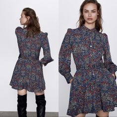 Brand New With Tags Size Xlarge Blue A-line Mini Dress For Fall, Multicolor Floral Print Winter Dresses, Winter Multicolor Floral Print Dresses, Winter Floral Print Long Sleeve Mini Dress, Zara Long Sleeve Floral Dress In Chic Style, Zara Chic Long Sleeve Floral Dress, Chic Zara Floral Long Sleeve Dress, Casual Winter Mini Dress With Floral Print, Chic Long Sleeve Floral Dress By Zara