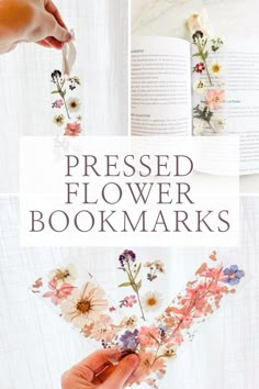 a book with flowers on it and the words pressed flower bookmarks written in white