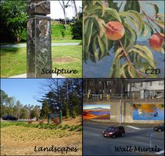 four different pictures with trees and buildings in the background, including a street sign that says sculpture