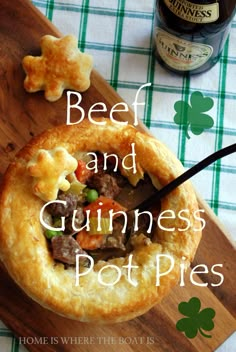 a beef and guinness pot pie on a cutting board