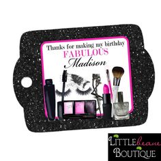 a black and pink birthday card with makeup on it