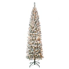 a white christmas tree with snow on the top and lights in the bottom, against a white background