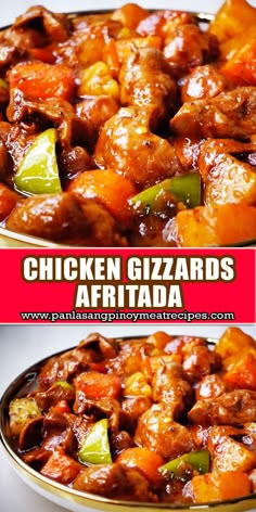 two pictures of chicken and peppers in a pan with the words chicken gizzards affiada