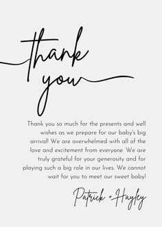 a thank card with the words thank you written in cursive writing on it