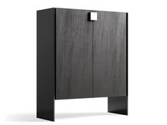 a black cabinet with two doors and a light switch on the top, in front of a white background